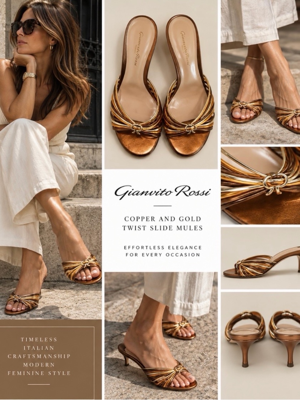 Gianvito Rossi Copper and Gold Twist Slide Mules AUTHENTIC